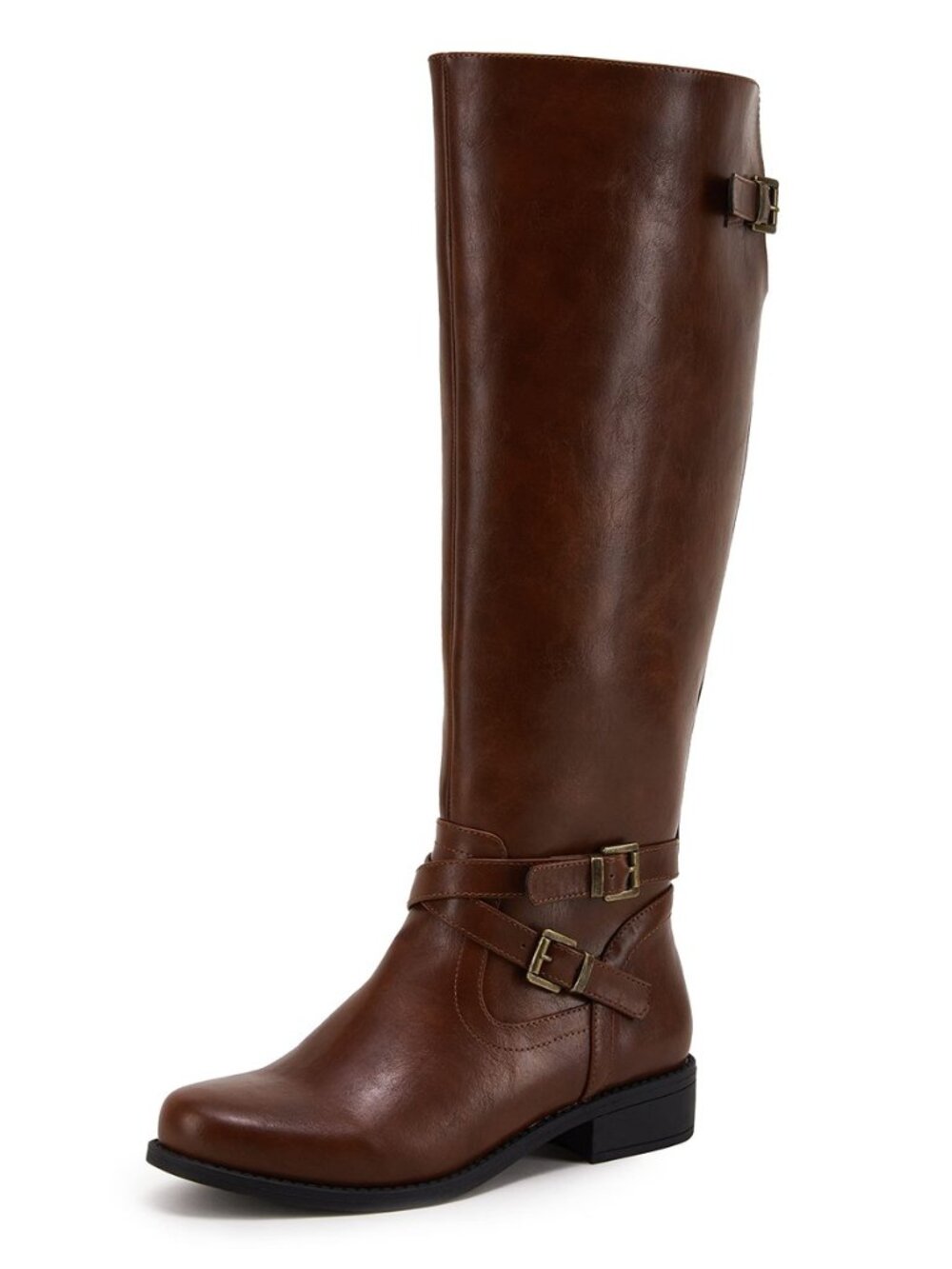 Womens Knee High Boots Wide Calf Flat Low Heel Side Zipper Faux Leather Fashion